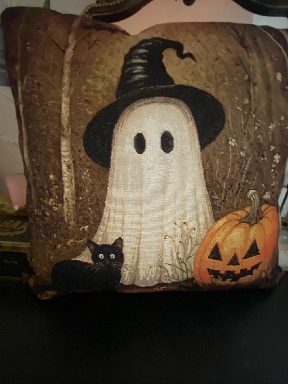 Halloween Ghost & Pumpkin Decorative Pillow - Cream, Black, Orange